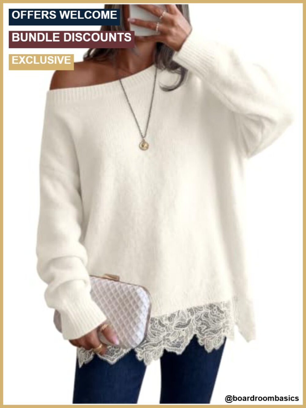 Lace Patchwork Sweater Long Sleeve Boat Neck Pullover Knit Top